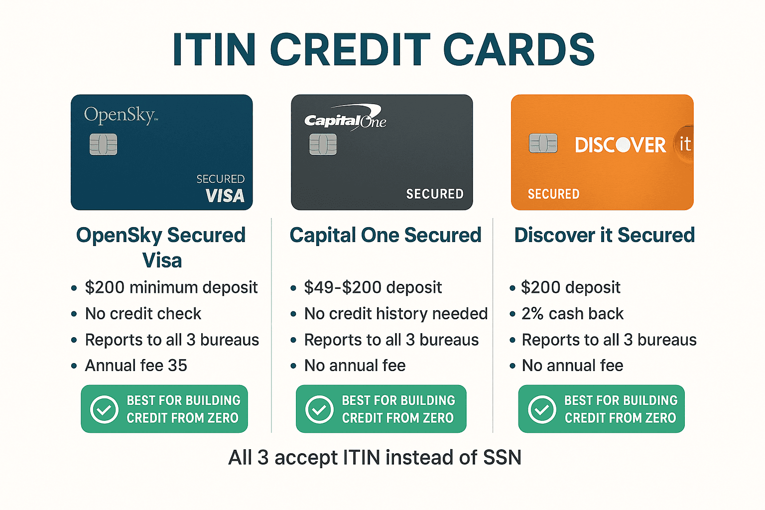 Best credit cards for ITIN holders comparison: OpenSky Secured Visa $200 deposit $35 annual fee, Capital One Secured $49-200 deposit no annual fee, Discover it Secured $200 deposit 2% cash back no annual fee — all report to 3 credit bureaus