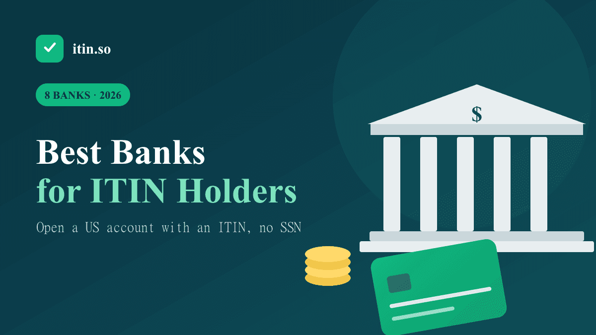 Illustration of a bank building, debit card and coins for ITIN account holders in 2026