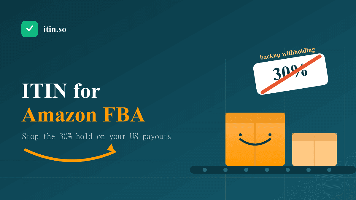 Illustration of Amazon FBA shipping boxes on a conveyor with a struck-through 30% withholding badge