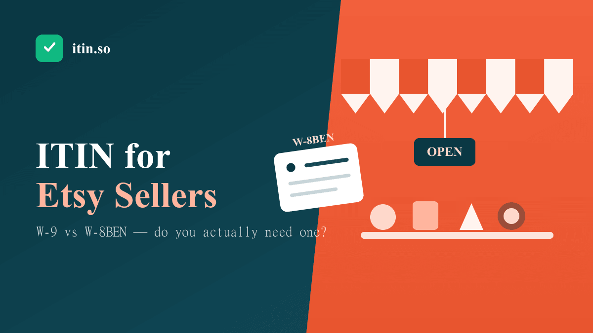 Illustration of an Etsy storefront with an OPEN sign and a W-8BEN tax form